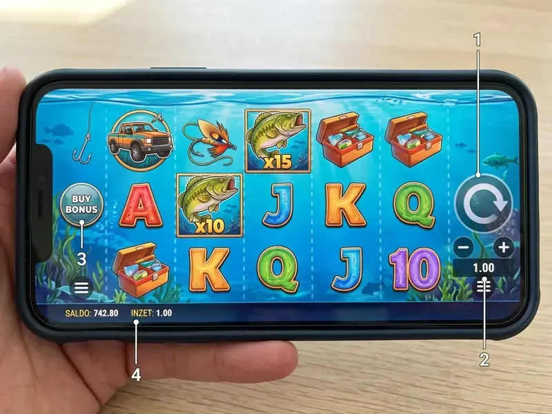 Big Bass Splash mobiel interface met knoppen en weergaves